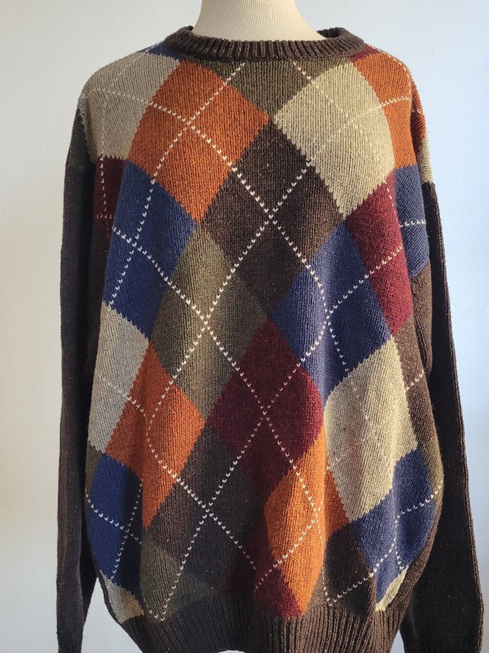 Vintage Haggar Argyle Sweater Men’s L Lambswool Cotton Multicolor Crewneck
